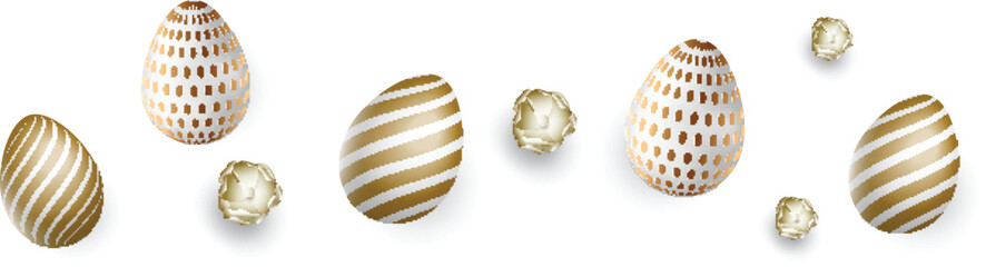 Glossy Realistic Easter Eggs and Flowers Decorated Background.
