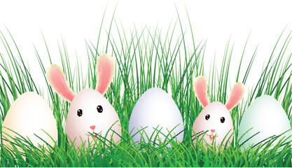 Cute Bunnies in Egg Shapes and Copy Space on Green Grass Background for Easter Festival Concept.