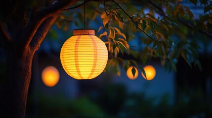 Fototapeta premium A warm yellow lantern hanging from a tree branch, softly lighting a garden at night.
