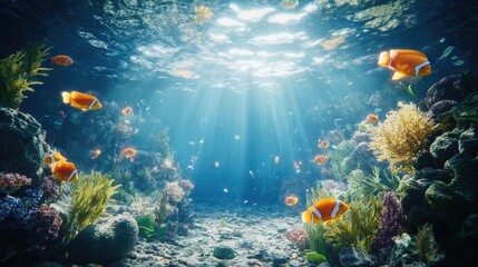 Naklejka premium A peaceful underwater view of ocean life, showcasing the beauty of fish and coral illuminated by sunlight, creating a tranquil outdoor scene.