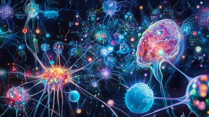 Obraz premium Crystalline Digital Neurons with Prismatic Light Synapses and Intricate Circuit Patterns in a High-Tech Aesthetic