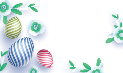 Realistic Colorful Easter Eggs and Origami Paper Flowers Decorated Background with Copy Space.