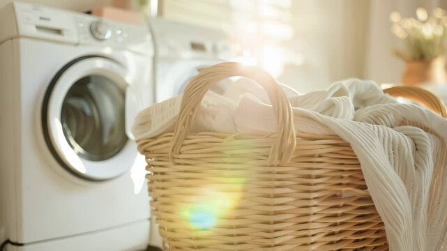 A cozy laundry room showcases a wicker basket of neatly folded white linens beside a modern washing machine.