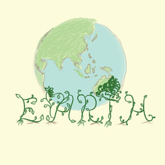Leafy Earth Text with Green Globe for Ecology Vector Illustration.