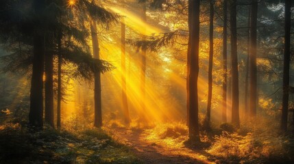 Obraz premium Yellow light beams shining through a dense forest at dawn, casting golden hues on the ground.