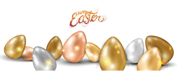 Happy Easter Celebration Banner or Header with 3D Shiny Eggs Illustration.