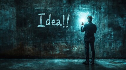Obraz premium Businessman shines flashlights on a dark wall in a dim room highlighting the word 'Idea' to symbolize creativity and inspiration