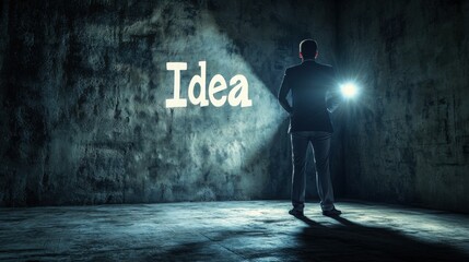 Obraz premium Businessman shines flashlights on a dark wall in a dim room highlighting the word 'Idea' to symbolize creativity and inspiration