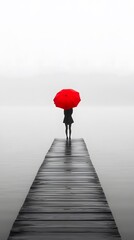 A girl with an umbrella stands on the end of a pier, holding her red umbrella in front of a foggy lake