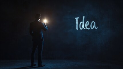 A man in a business suit stands in a dark room, holding flashlights that illuminate the word 'Idea' on the wall, reflecting themes of creativity and innovation.