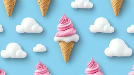 A delightful arrangement of ice cream cones drifts on soft clouds, set on a serene light blue backdrop, showcasing a playful and minimalist design.