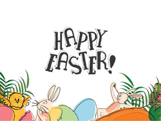Doodle Style Illustration of Cute Bunnies with Chick Bird Enjoys Eggs, Carrot on White Background for Happy Easter Festival.