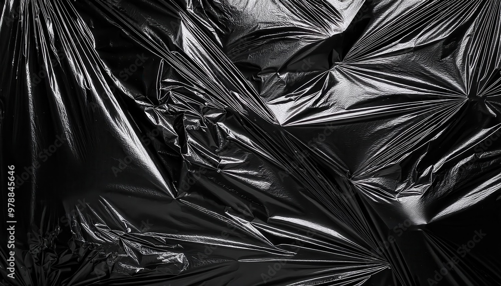 Poster shiny black wrinkled plastic sheeting background with dramatic textures and glossy surface, creating