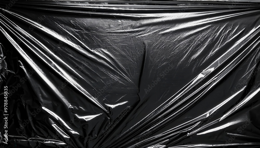 Poster shiny black wrinkled plastic sheeting background with dramatic textures and glossy surface, creating