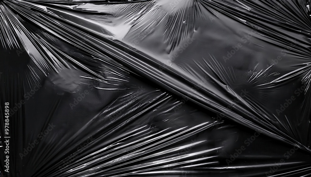 Poster shiny black wrinkled plastic sheeting background with dramatic textures and glossy surface, creating