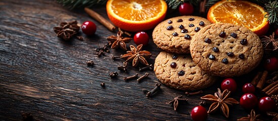 Cozy arrangement of gingerbread cookies, orange slices, and spices on a rustic wood table, perfect for Thanksgiving and Halloween. With copy space.