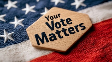 Your Vote Matters wooden sign on American flag, patriotism and importance of voting and Election