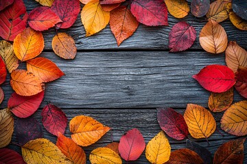 Fototapeta premium A vibrant arrangement of colorful autumn leaves on a rustic wooden surface, perfect for Thanksgiving and Halloween-themed greetings or invitations, with ample copy space.