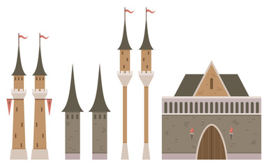 A series of medieval castle elements including two tall towers with flags, three conical-roof towers, two tall watchtowers with flags, and a large gatehouse. Ideal for historical themes, medieval