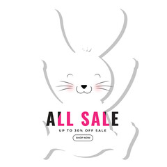 Easter Sale Poster Design with Paper Cut Bunny Illustration on White Background.