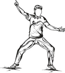 Sketching illustration of faceless cricket bowler giving a run out hand signal in standing pose.