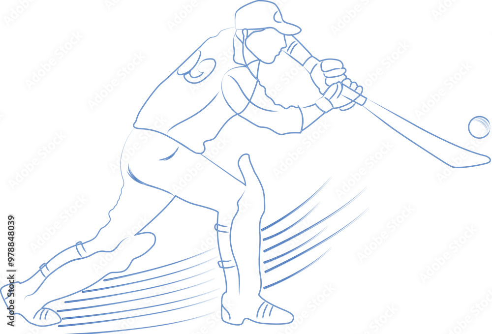 Canvas Prints blue linear style cartoon character of cricket batsman in playing pose.