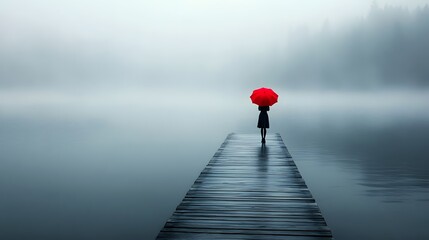 A girl with an umbrella stands on the end of a pier, holding her red umbrella in front of a foggy lake