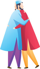 Cartoon Two Muslim men embracing each in traditional wear vector illustration.