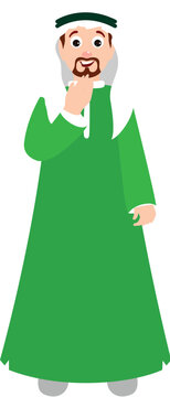 Cartoon Arab Man Greeting with Adaab in Green Ethnic Attire Vector Illustration.