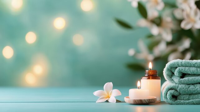 Serene Spa Ritual with Candles Flowers and Calming Ambiance  A peaceful and tranquil spa like setting with essential oils towels and a floral accent