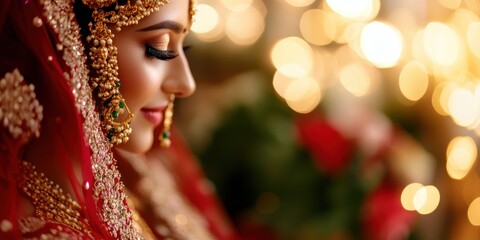 Closeup portrait of a beautiful Indian bride wearing a traditional red and gold sari ornate veil and jewelry  She has intricate makeup and a striking elegant appearance