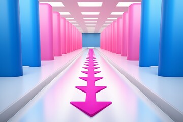 A vibrant hallway with pink and blue columns leading to a bright blue center area
