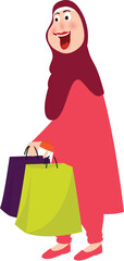 Obraz premium Happy Muslim Woman Holding Shopping Bags Vector Illustration.