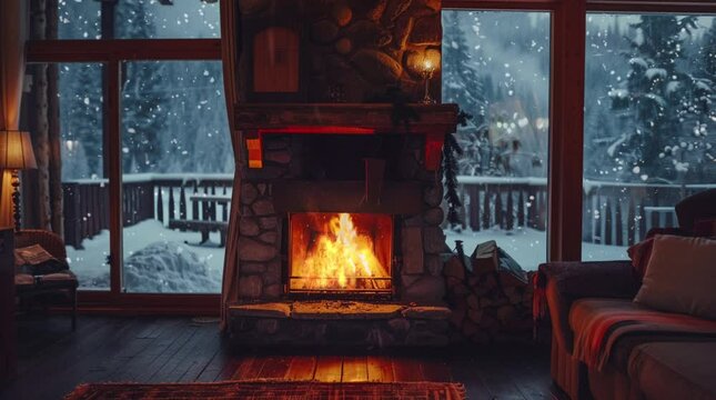 Close-up view of a rustic fireplace in a cozy cabin room, radiating warmth and comfort
 Seamless looping 4k time-lapse virtual video animation Generated AI