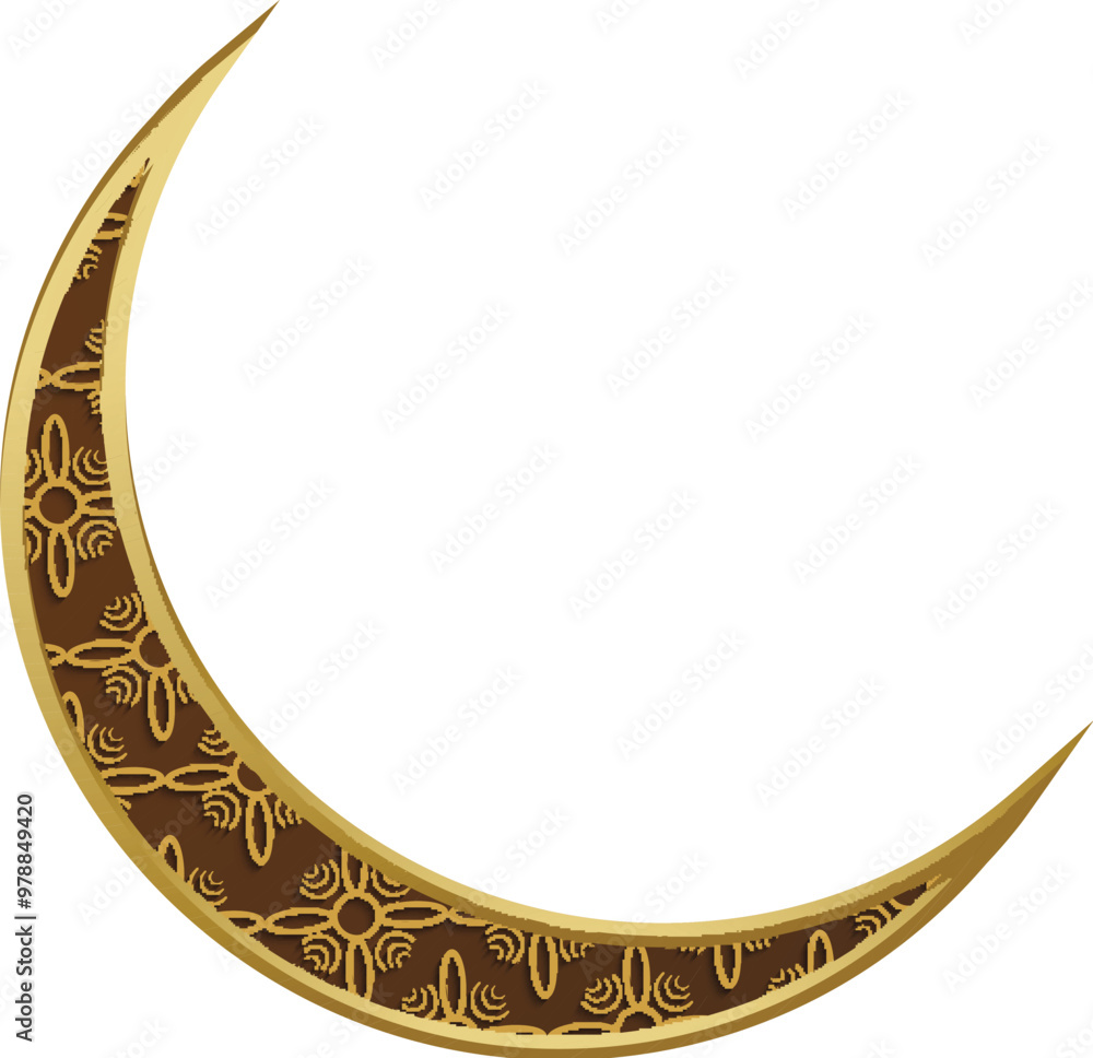 Poster Isolated Golden and Brown Floral Crescent Moon Ornament Element in Paper Cut.