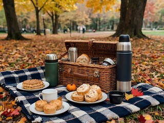 Cozy autumn picnic in the park with plaid blankets and fall-themed treats under colorful trees
