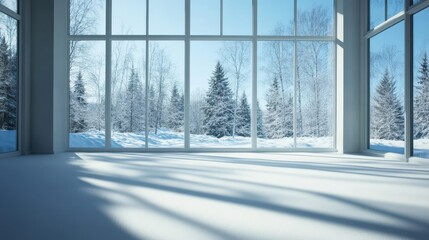 Breathtaking snowy winter landscape framed by large glass windows offering a serene and peaceful view of the evergreen forest blanketed in pristine white snow