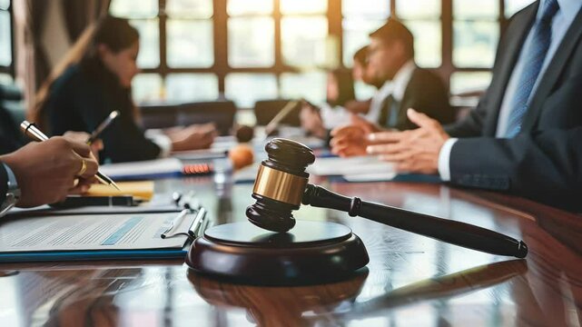 A professional legal meeting in a modern conference room features a wooden gavel on a polished table, symbolizing justice.