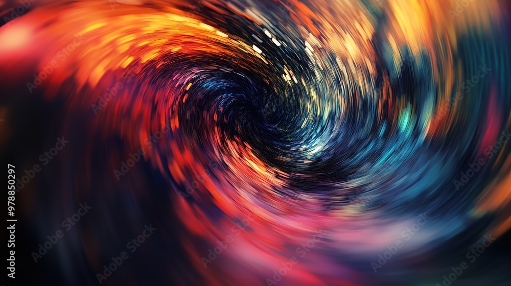 Poster a dynamic image with swirling digital noise distortion creating a sense of movement