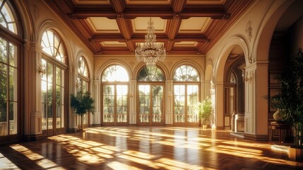 Obraz premium A grand foyer with luxurious wooden floors bathed in sunlight, featuring arched windows, chandeliers, and detailed beams