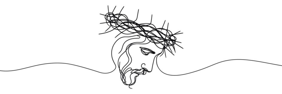 Single line vector image on white background. Jesus in a wreath of thornswith lowered head