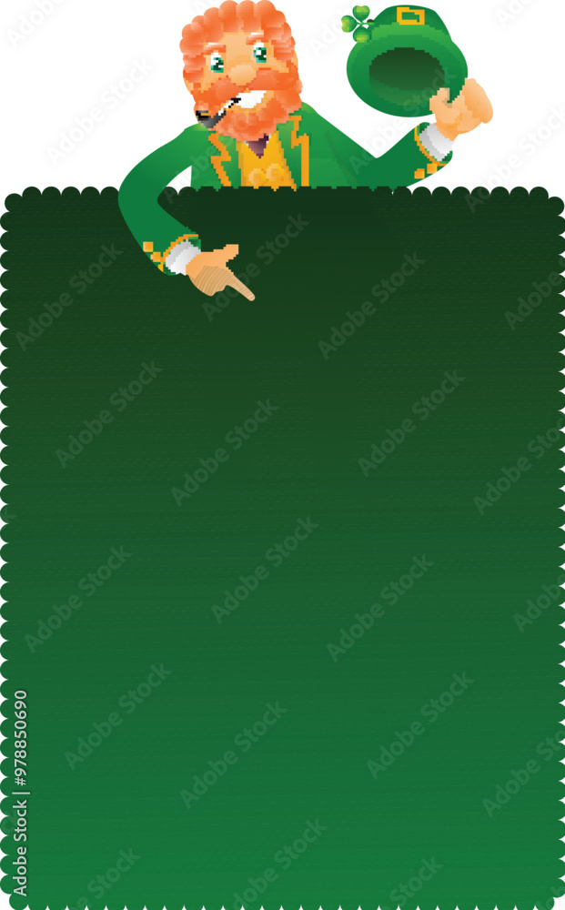 Sticker Cartoon Smoking Leprechaun Man Holding Blank Green Poster Vector Illustration.