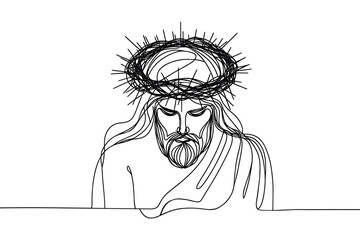 Single line vector image on white background. Jesus in a wreath of thorns	with lowered head
