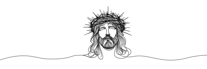 Single line vector image on white background. Jesus in a wreath of thorns	