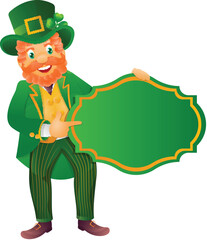 Cartoon Happy Leprechaun Man Pointing Frame or Card Vector Illustration.