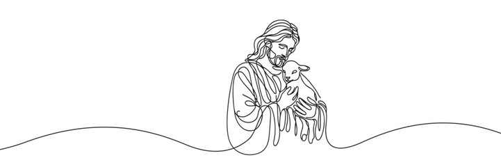 Single line vector image on white background. Portrait of Jesus with a lamb in his arms