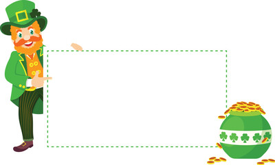 Cartoon Leprechaun Man Showing Blank Banner with Treasure Pot Vector Illustration.