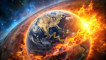 Dramatic image of a fiery apocalypse engulfing planet Earth , Judgment day, destruction, catastrophe