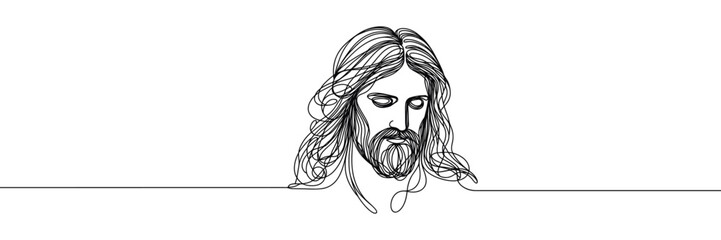 Single line vector image on white background. Portrait of Jesus with lowered head