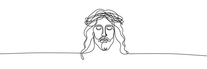 Single line vector image on white background. Jesus in a wreath of thorns	